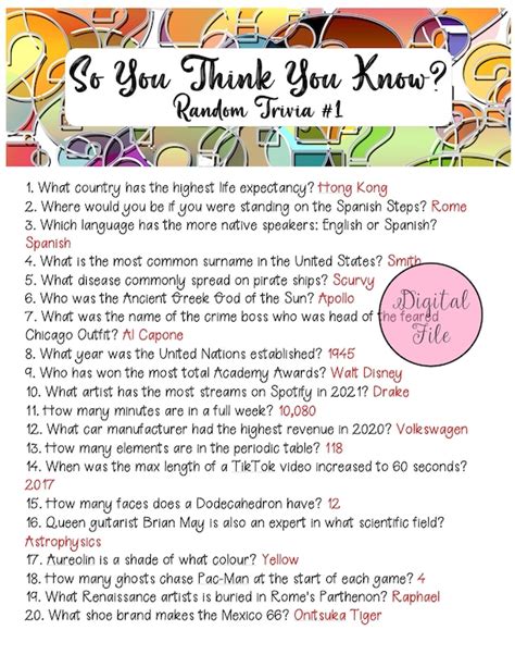 Random Trivia 1//fun Quiz//printable Trivia//random Trivia - Etsy