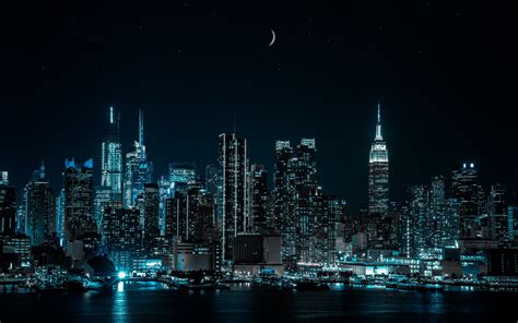 New York City Wallpaper 4K, Half moon, Cityscape, Night