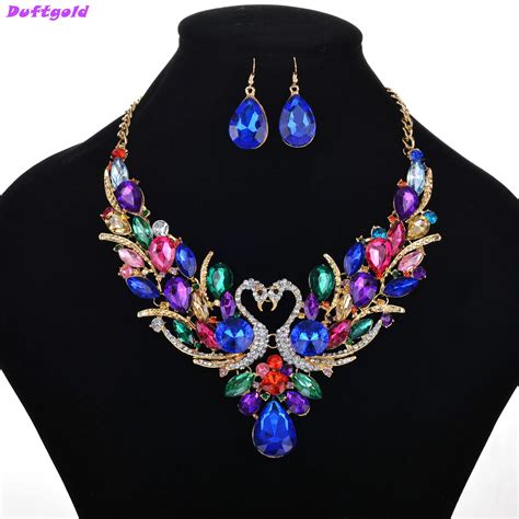 European Luxury Shiny Crystal Swan Jewelry Set Women Lady Short Alloy ...