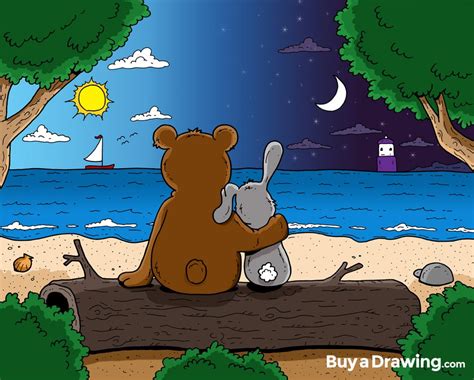 Bear and Bunny by the Ocean: A Custom Cartoon Drawing Gift