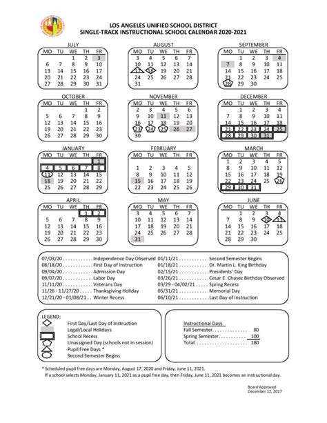 Los Angeles Unified School District Calendar 2020-2021