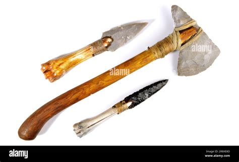 Stone Age Tools on white Background - Stone Age Axe, Knives and Arrows ...