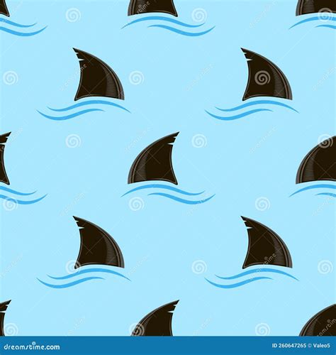 Shark Fin Silhouette Icon and Blue Waves on Blue Background. Seamless ...