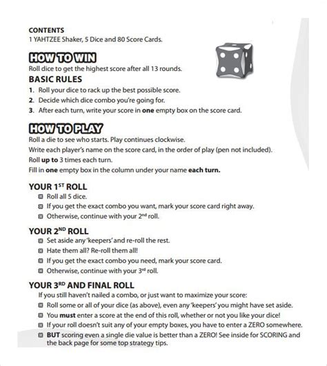 Yahtzee Printable Rules