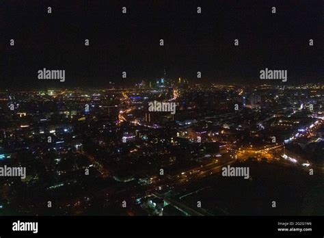 Aerial night view of Dubai Skyline under dark Sky, Dubai Downtown ...