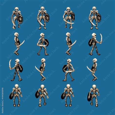 Skeleton walk animation cycle sprites, four directions, retro game ...