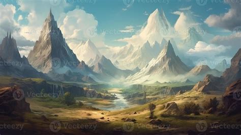 Mountain Fantasy Backdrop Concept Art Realistic Illustration Background ...