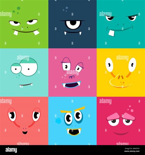 Set of cartoon monsters faces with different emotions. Colored flat ...