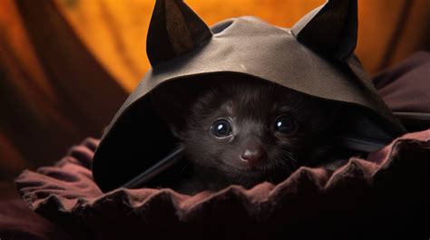 A baby bat snuggles up inside a black felt witch hat, peeking out shyly