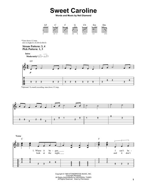 Sweet Caroline (Easy Guitar Tab) - Print Sheet Music Now