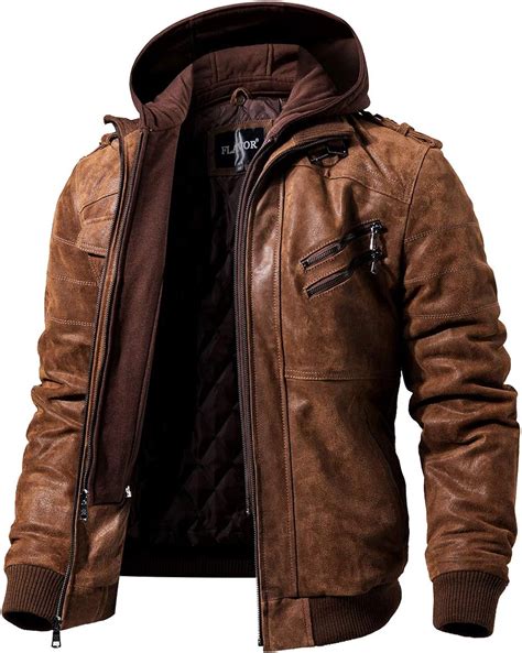 FLAVOR Men's Real Leather Jacket with Removable Hood Brown Genuine ...