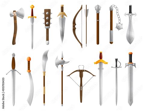 Cartoon medieval weapon. Old sword, bow and axe. Fantasy knight battle ...