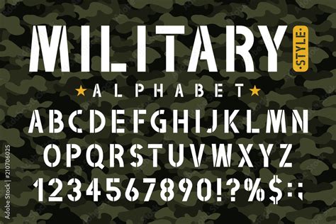 Military stencil font on camouflage background. Stencil alphabet with ...