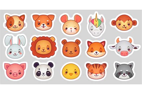 Animals face stickers. Cute animal faces, kawaii funny emoji