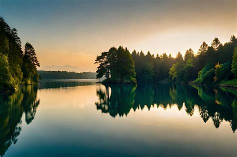 Premium AI Image | a sunset with a lake and trees in the background.