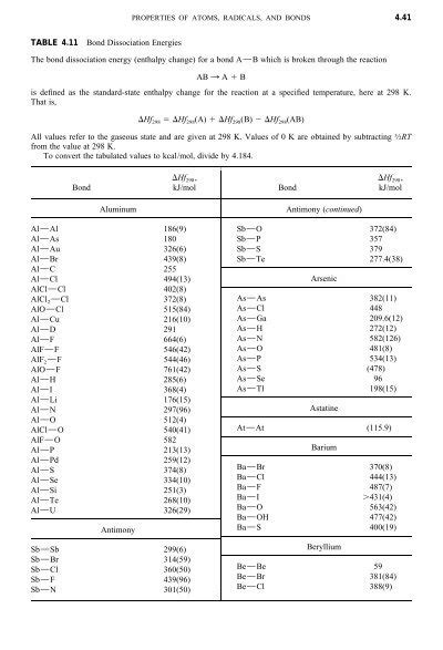 4.41 TABLE 4.11 Bond Dissociation Energies The bond dissociation ...