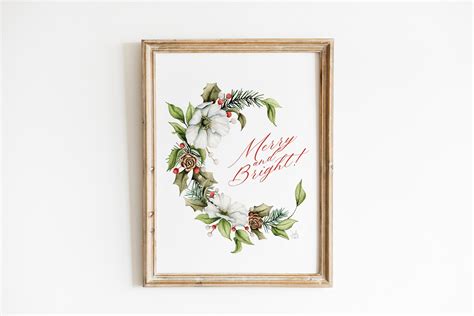 Merry and Bright Holiday Wreath Print Watercolor Christmas - Etsy