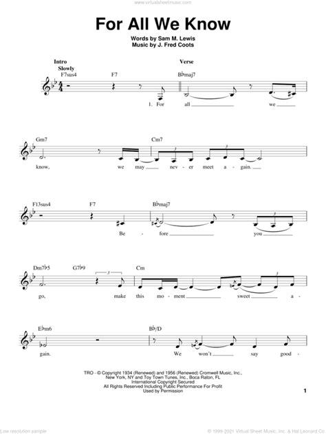 For All We Know sheet music for voice solo (PDF)