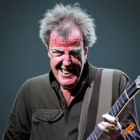 Jeremy clarkson with a wild hairstyle and playing guitar on Craiyon