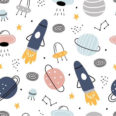 Space background for kids Spaceship and stars seamless pattern design ...