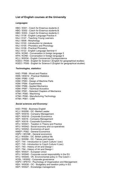 List of English courses at the University