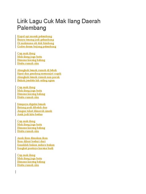 Lirik Lagu Cuk Mak Ilang Daerah Palembang