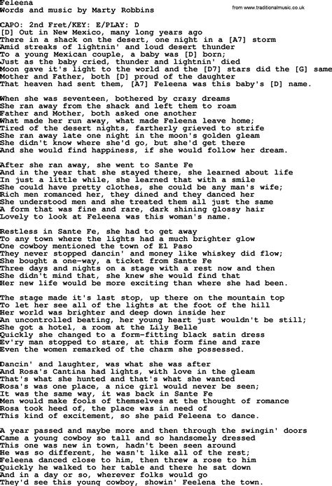 Feleena-2, by Marty Robbins - lyrics and chords