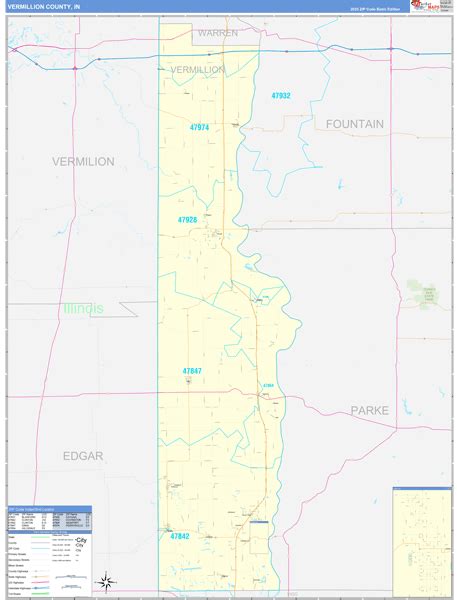 Vermillion County, IN Zip Code Wall Map Basic Style by MarketMAPS ...