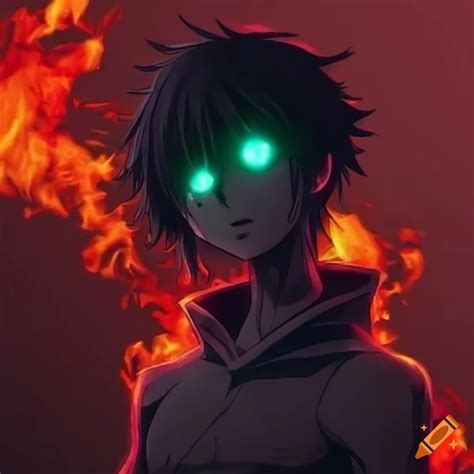 Dark anime character with glowing eyes in fiery surroundings on Craiyon