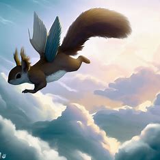 Invent a squirrel that has evolved the ability to fly, soaring through a sea of clouds.