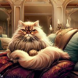 Visualize an illustration of a majestic Persian cat, lounging comfortably on a plush pillow, surrounded by rich and luxuri ous surroundings.