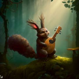 Create an image of a whimsical squirrel playing an instrument in a forest setting.. Image 3 of 4