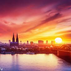 Depict a romantic sunset over the city skyline of Cologne