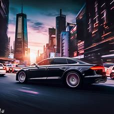 Imagine a glorious cityscape with a sleek, black Audi A8 gliding through the bustling streets.