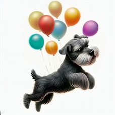 Create a whimsical illustration of a miniature schnauzer flying with a bunch of colorful balloons.