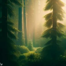 Create a beautiful scene featuring pine trees growing in a lush forest.