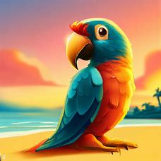 Illustrate a parrot with a golden beak sitting on a sunset beach.