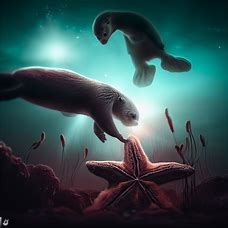 Create a surreal underwater world with a sea otter playing with a starfish in the foreground.