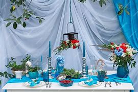 Image result for White and Blue Banquet Table