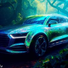 Imagine a futuristic Audi Q7 painted in a shimmering, iridescent blue color, parked in the middle of a lush, green forest.