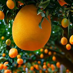 A giant kumquat hanging from the branches of a swaying tree, surrounded by smaller kumquats.