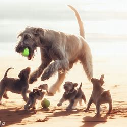 An irish wolfhound playing fetch with a group of puppies on a sun-drenched beach.