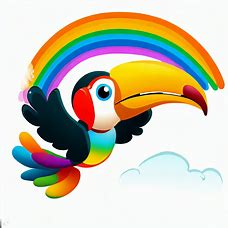 Create an image of a colorful and whimsical toco toucan flying over a rainbow with a big smile on its beak.