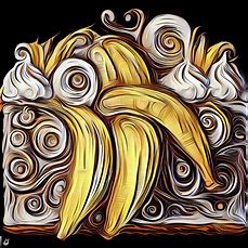 Create an intricate and mouth-watering depiction of a banana cake with delicate swirls, intricate frosting designs, and ripe yellow bananas.