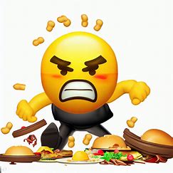 Depict an angry emoji causing a minor disaster such as tipping over a table full of food