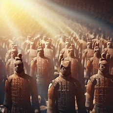 Create an image of a massive terracotta army rising from the ground, their weapons and armor gleaming in the sunlight.