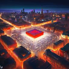 Draw a bird's eye view of a bustling, modern city at night, with the iconic Red Square in the center spotlighted.