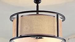 Farmhouse 3-Light Semi Flush Mount Ceiling Light Fixture Rustic Drum Chandelier with Linen Fabric Shade Black Metal Ceiling Lamp for Entryway Hallway Bedroom Kitchen Dining Room Living Room