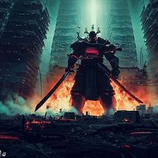 Create a dystopian futuristic world where the samurai is the last remaining hope for humanity, shown in a stunning high-resolution wallpaper.