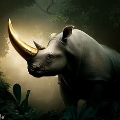 Create an image of a majestic rhino with a golden horn, surrounded by a lush jungle.